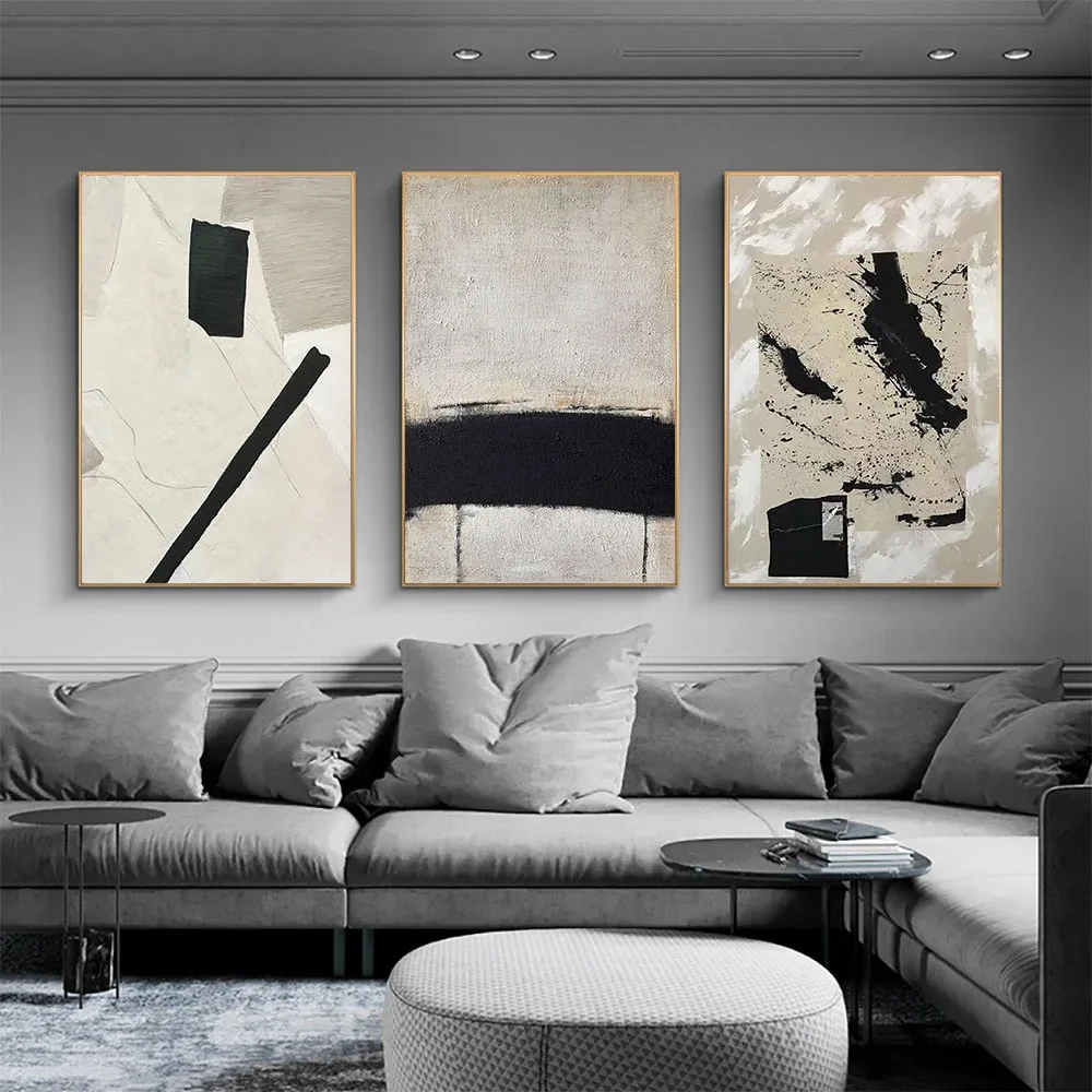 Minimalist Abstract Beige Black Gray Poster Printing Wall Art Oil Painting Modern Home Interior Living Room Decoration Mural