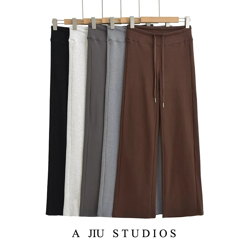 하이웨이스트 스트레이트 니트 와이드 팬츠 여성용 봄 가을 드로스트링 슬리밍 캐주얼 롱 팬츠