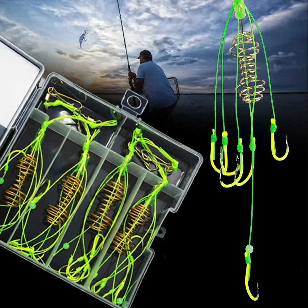 

Night Fishing Explosion Hooks with Glow Beads Anti Tangle Bait Drum Spring Hooks Fishing Bait Cage Hooks Barb Fishhook Box Bomb