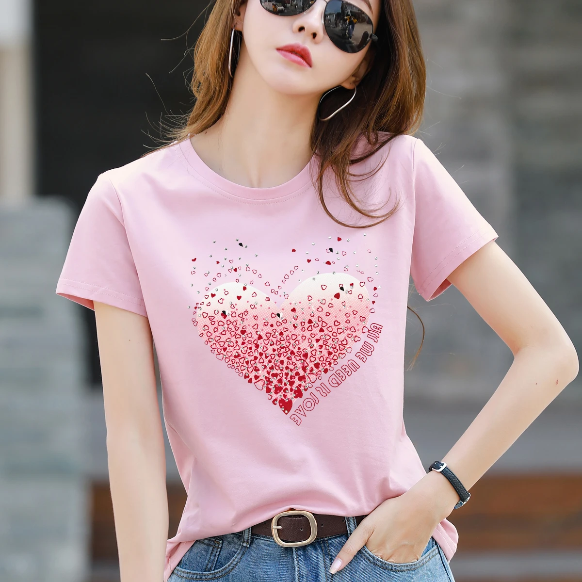 TuangBiang Summer Rhinestone Printed Letters 2024 New Comfort Short Sleeve Cotton Women O-Neck T-Shirts Loose Casual Ladies Tops