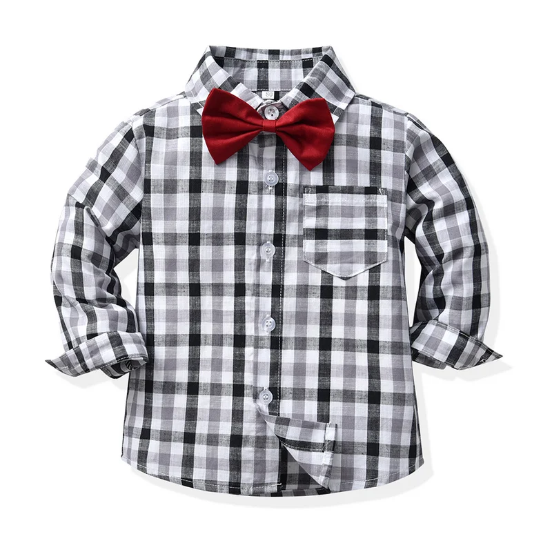 Conjunto de ropa Formal para niños, top y top de manga larga con pajarita a cuadros y pantalones de tirantes, trajes formales para Otoño e Invierno