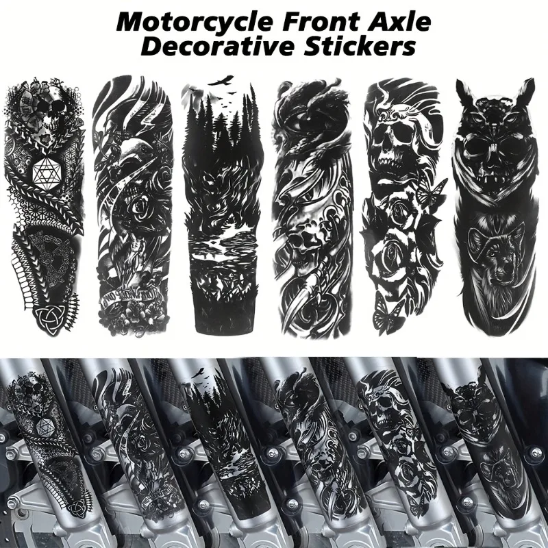 1Pair Gothic Skull & Forest Tattoo Style Front Axle Stickers, Waterproof PVC Decals for Motorcycle Fork, Dark Art Decor