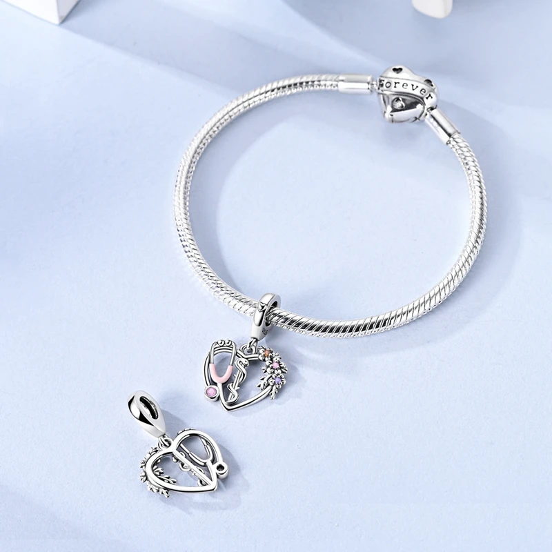 925 Sterling Silber Herz Stethoskop Schlange Stab Charms Perle CZ Zirkon LIEBE Baumeln Fit Original Armband DIY Frauen Schmuck Geschenk – Detail 3