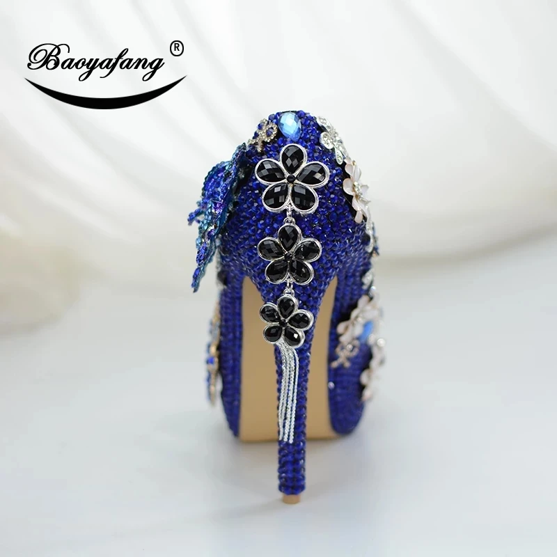 Women Crystal Wedding Shoes Luxury Royal Blue Bridal Party Dress Shoes Platform shoes for Ladies Flowers Thin Heels Pumps 14cm