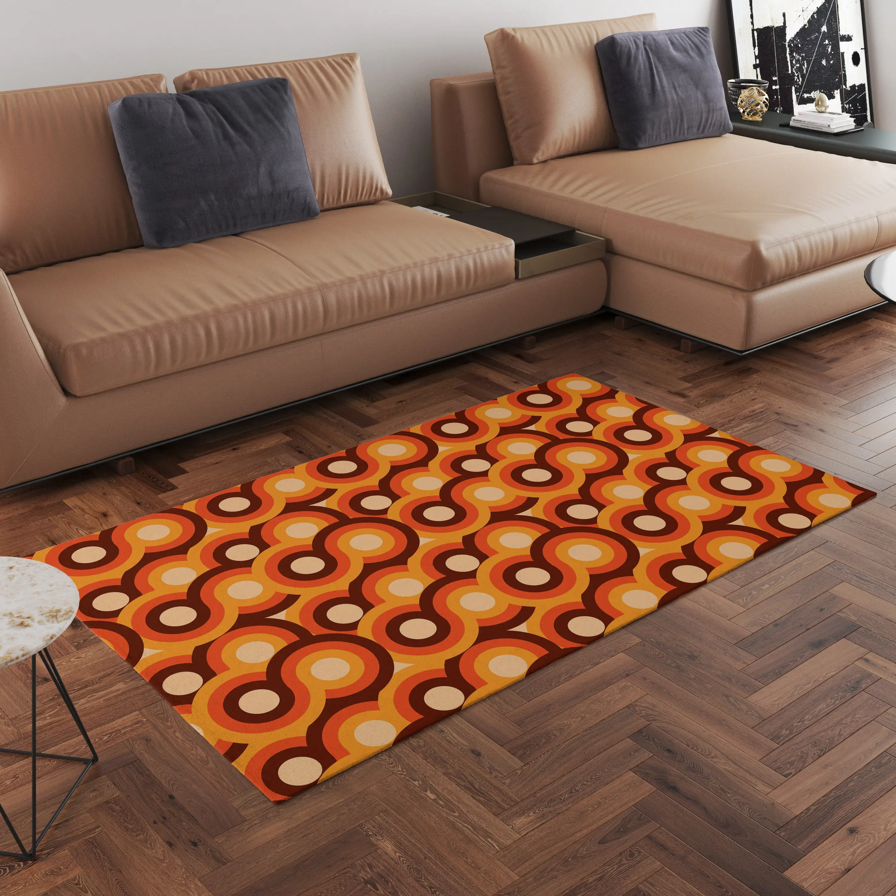 Brown Orange Retro Mid Century Rug Geometric Design Area Rug Vintage Inspired Floor Mat Boho Chic Home Accent Eye-catching Decor