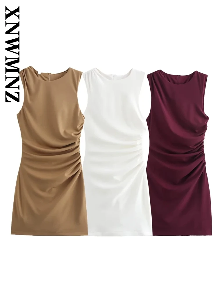 XNWMNZ 2024 New Summer Woman's Casual O-Collar Sleeveless Dress Mini Skirt Female Fashion Solid Color Ruffles zipper Dresses Top