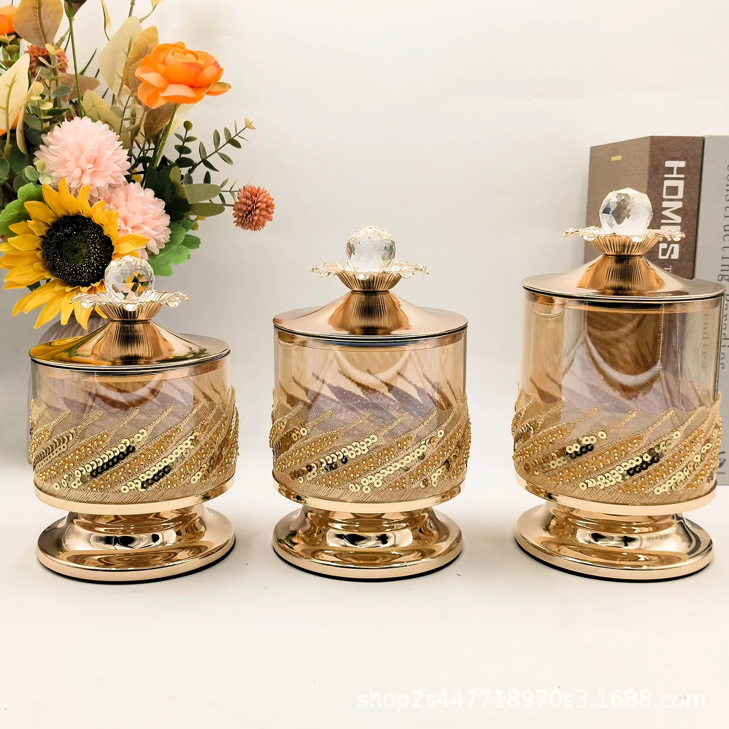 

American Electroplated Gold Glass Storage Candy Cosmetic Container Household Crystal Metal Decor Jar Multifunctional Storage Box