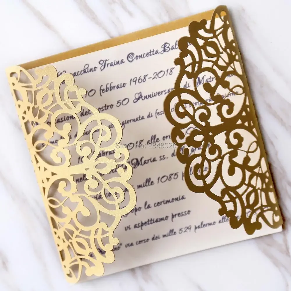 

Personalized Initials 50pcs Gold Gatefold Wedding Invitation,laser cut custom invitations, personalized greeting card