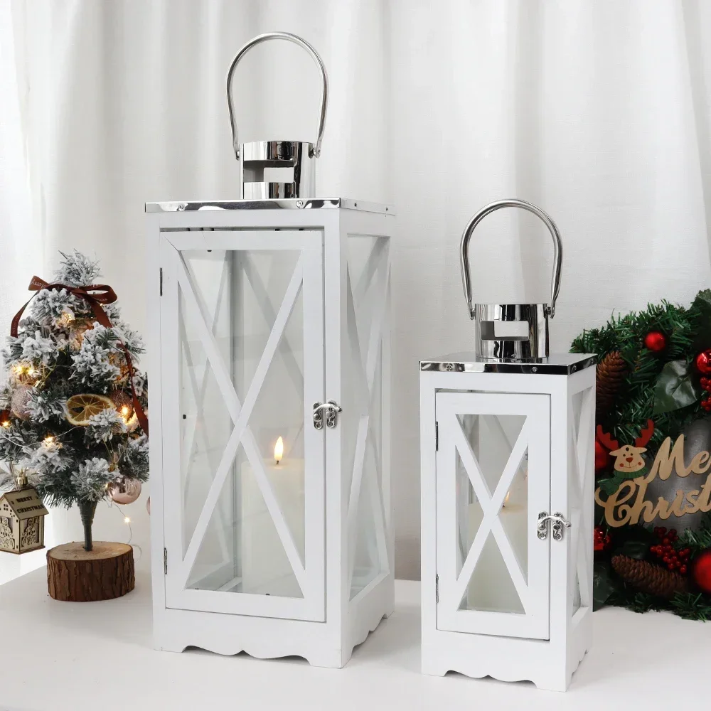 Farmhouse Wood Lantern Decorative Candle Holders with Tempered Glass & Stainless Steel Handle Hanging Lantern(White Rectangle)