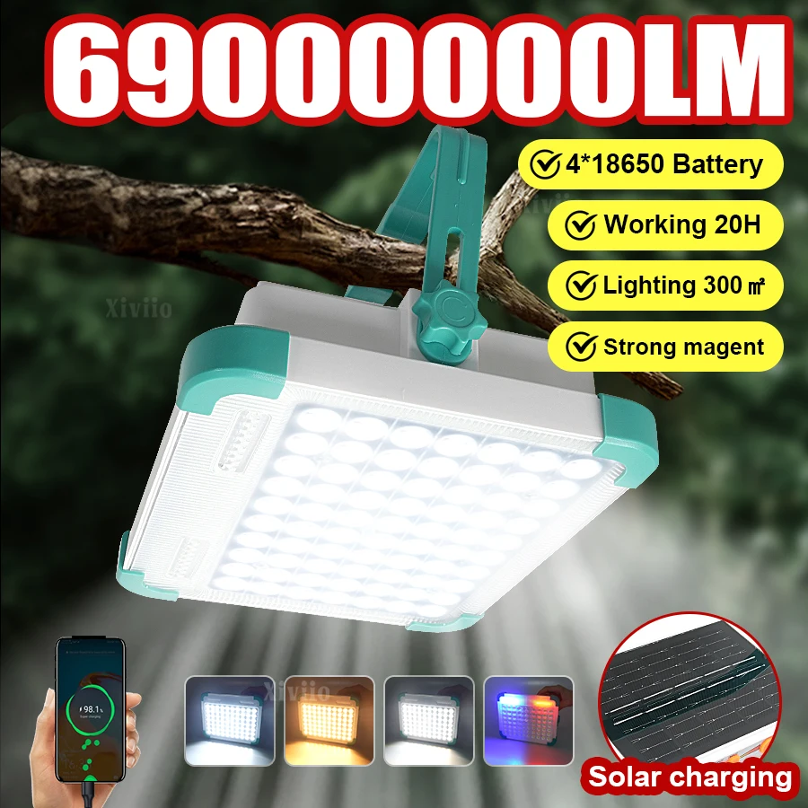 

69000000LM Солнечный перезаряжаемый прожектор 4 цвета Кемпинговый фонарь Свет для палатки 4 * 18650 Аккумулятор Power Bank Рабочее аварийное освещение с сильным магнитом Прожектор с регулируемой яркостью