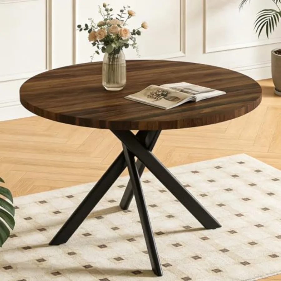 

43.3 Round Dining Table for 4 Modern Mid-Century Dining Kitchen Table with Metal Leg in Walnut Color Cozy Dinette Table for Kit