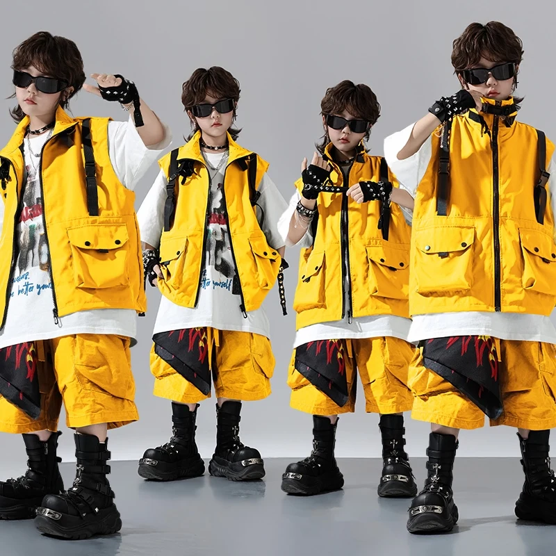 

New Boys Girls Loose Outfit Hip Hop Jazz Dance Costumes Yellow Cargo Shorts Suit Practice Street Dance Wear Clothing DQL11009