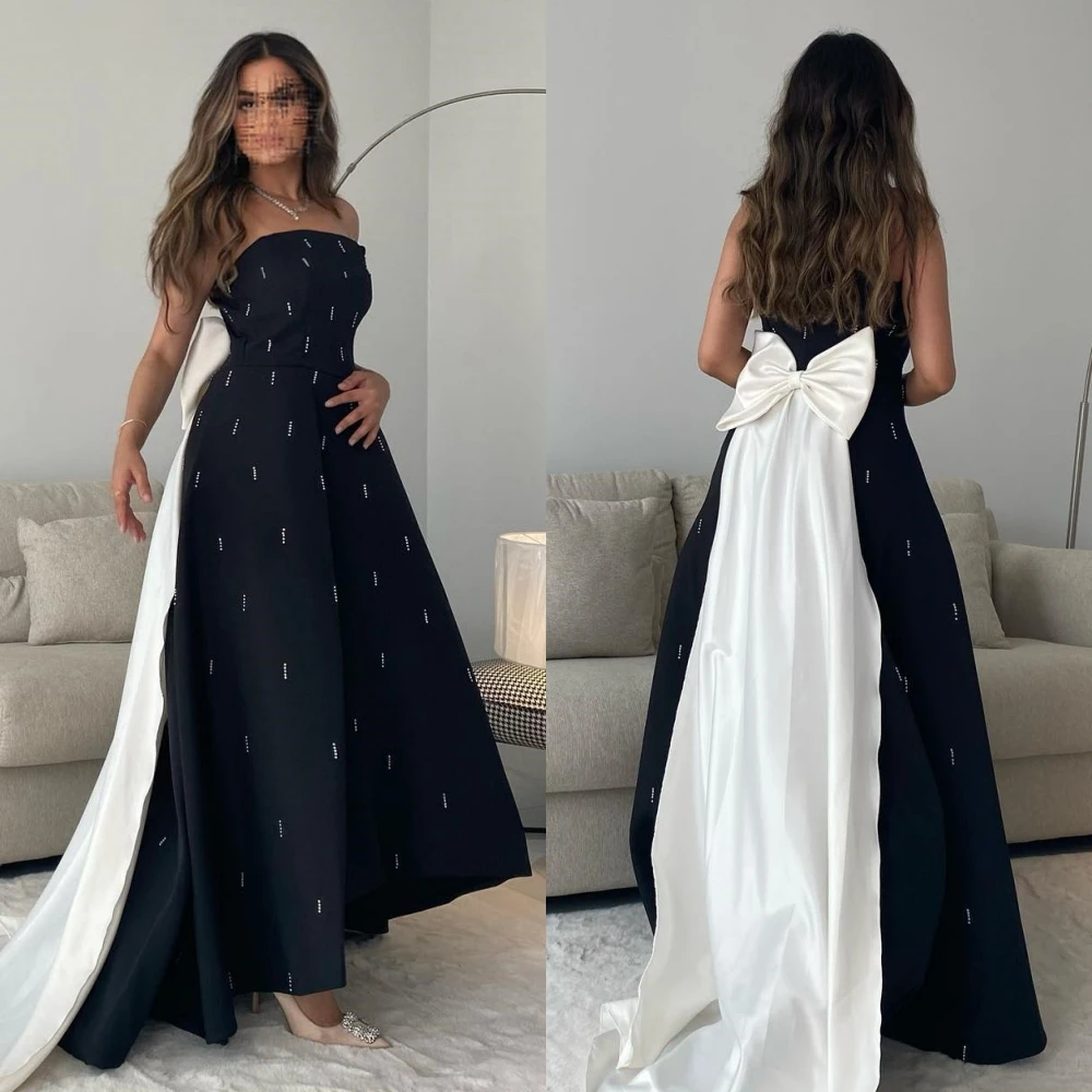 

Fashion Elegant Strapless A-line Anke Length es Formal Ocassion Gown Bowknot Beading Satin robe femme soirée فستان