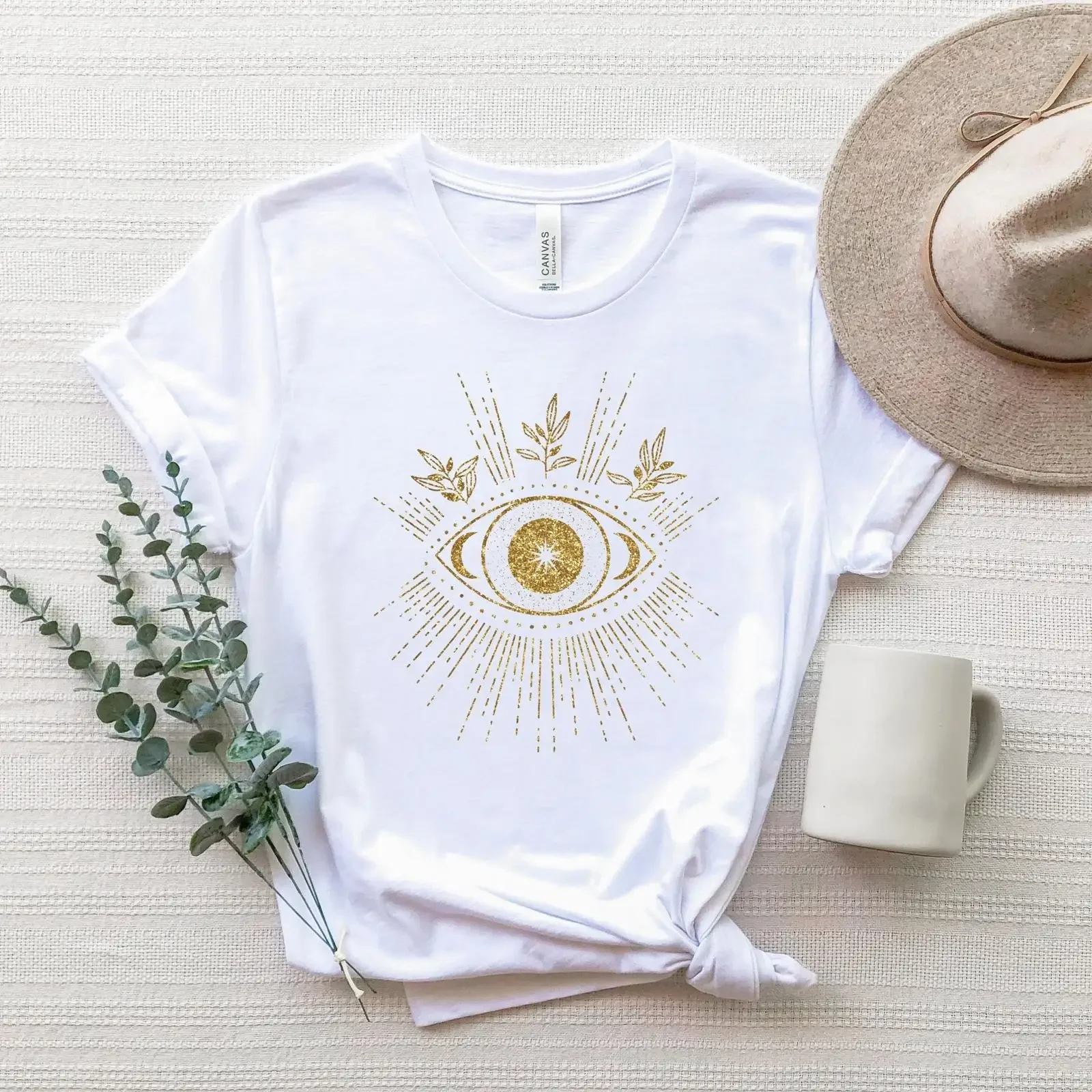 Gold Glitter All Seeing Eye T Shirt Sun Moon Spiritual Witchy Tarot Mystical Boho Casual Top s For Women vintage Washed