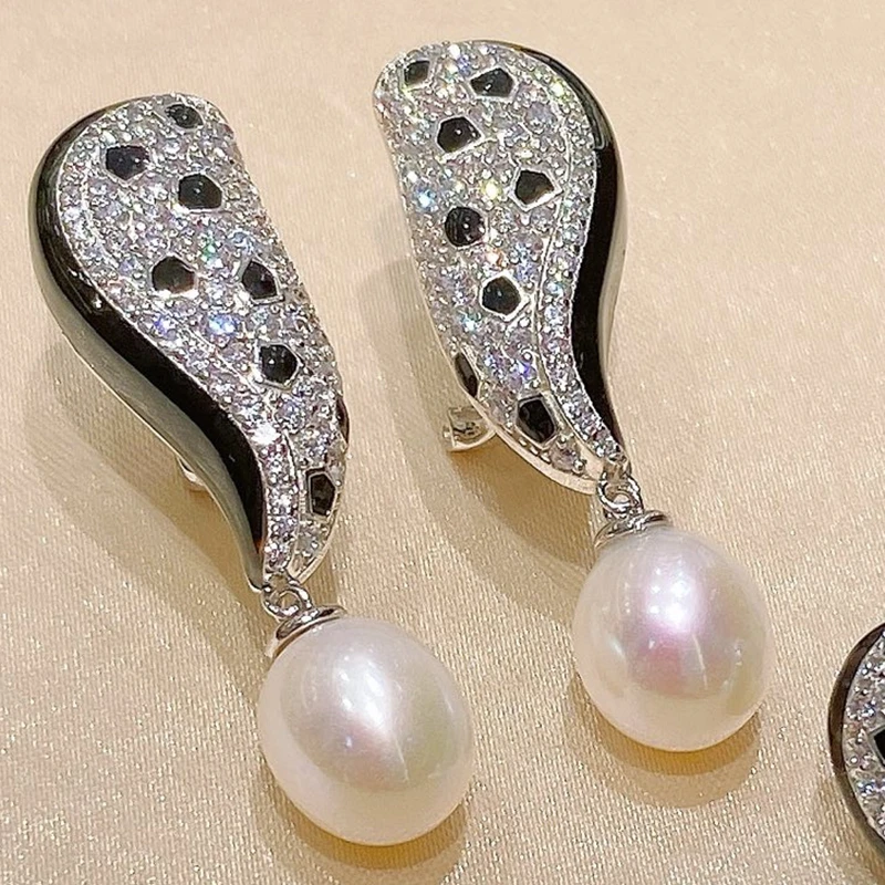 New  Long Huggie Style BLack Panther Leopard Print Pearl Earrings Silver 925 Luxury Designer Jewelry For Women