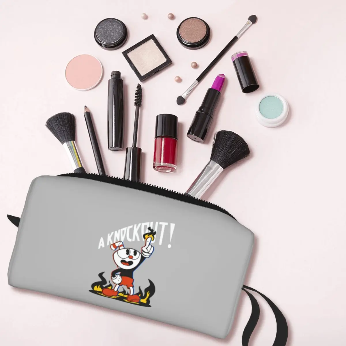 It's A Knockout Cuphead Makeup Bag Large Cosmetic Bag Men Women Game Mugman Cup Mouse Cartoon Animation Gamer Toiletry Bag