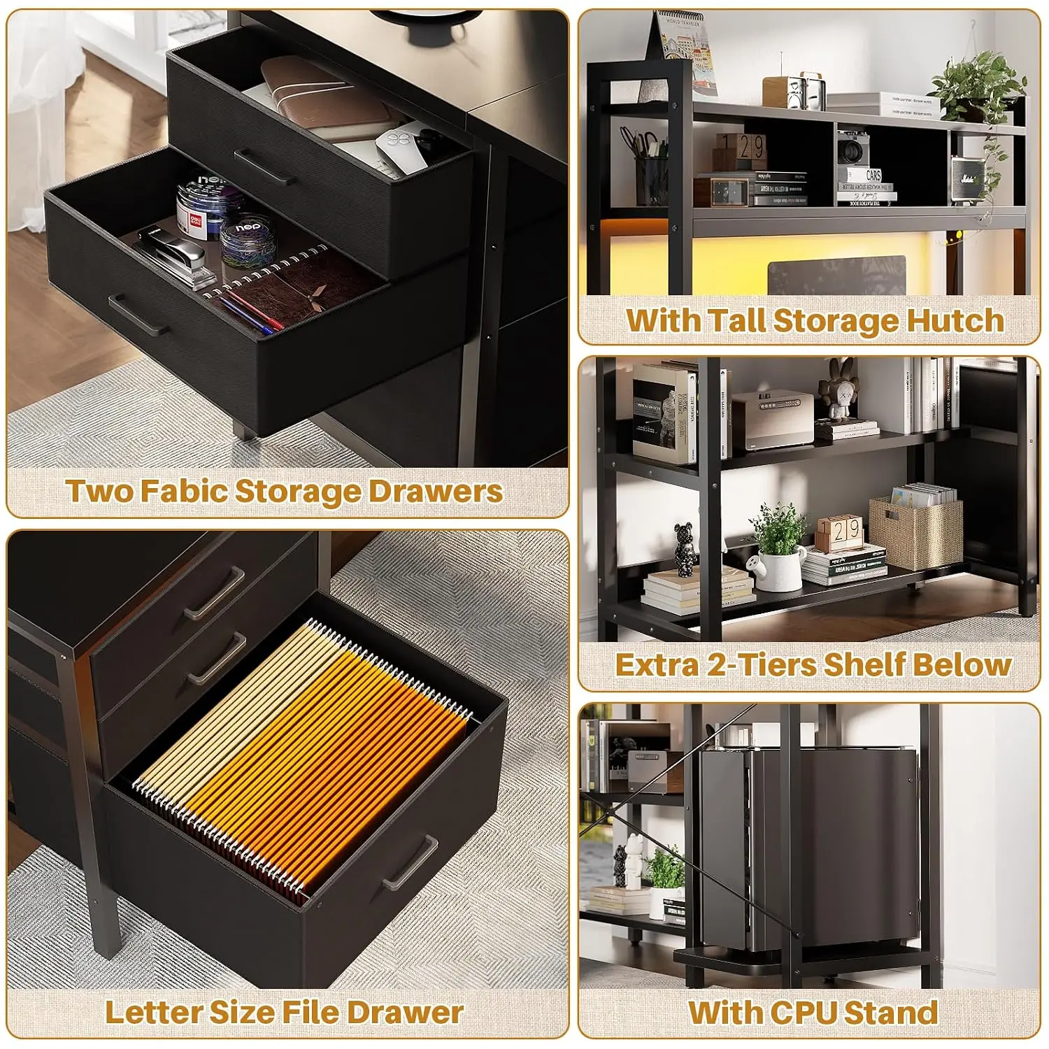 L Shaped Gaming Desk with Hutch LED Lights Power Outlet File Drawer Monitor Stand Storage Shelves Corner Desk, Customized