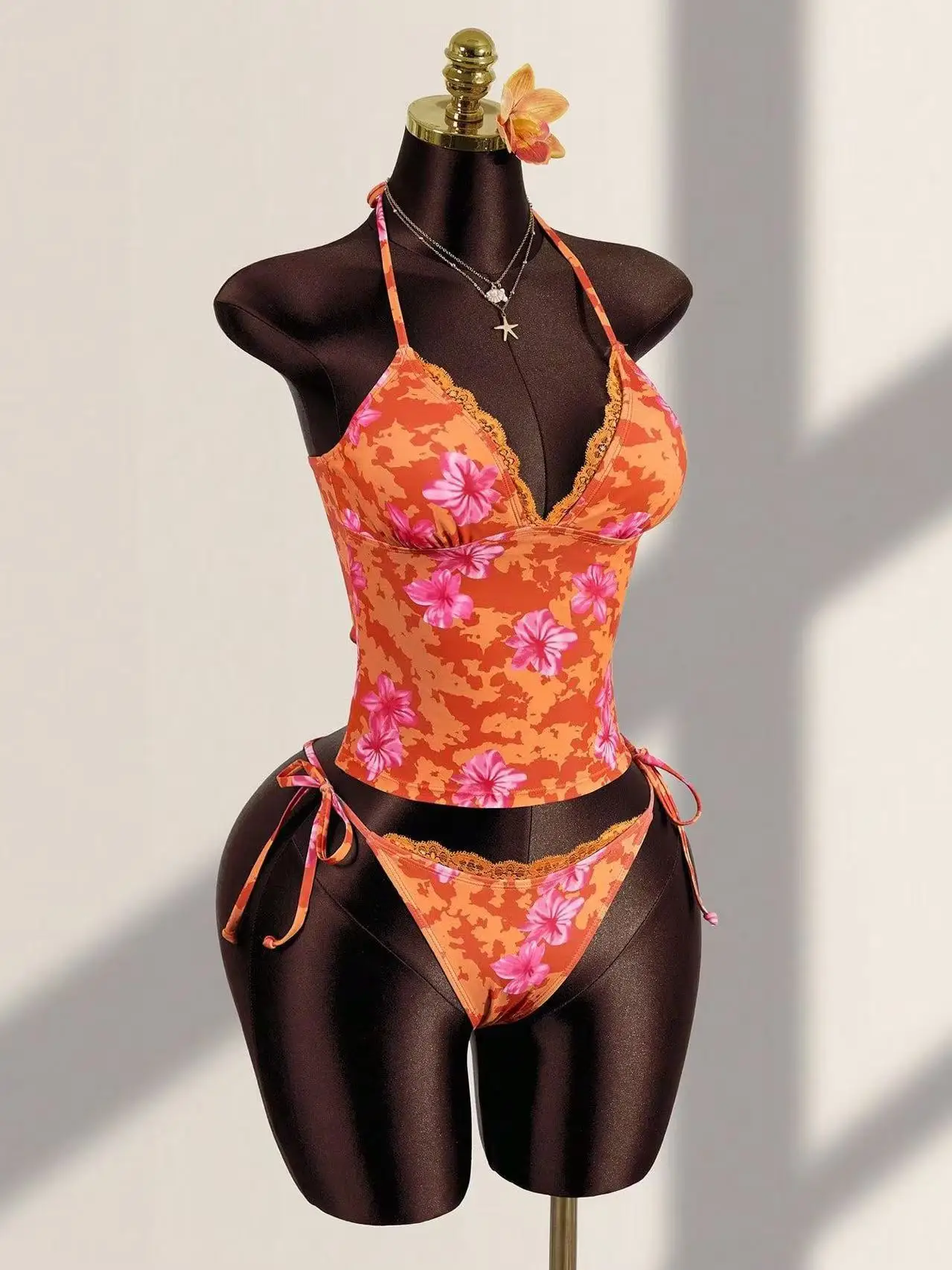 Women's Beach Vacation Swimsuit Orange Embellished Tropical Flower Print Lace Trim Halter Neck Tie Side 2 Piece Bikini Set 2026 - Image 3
