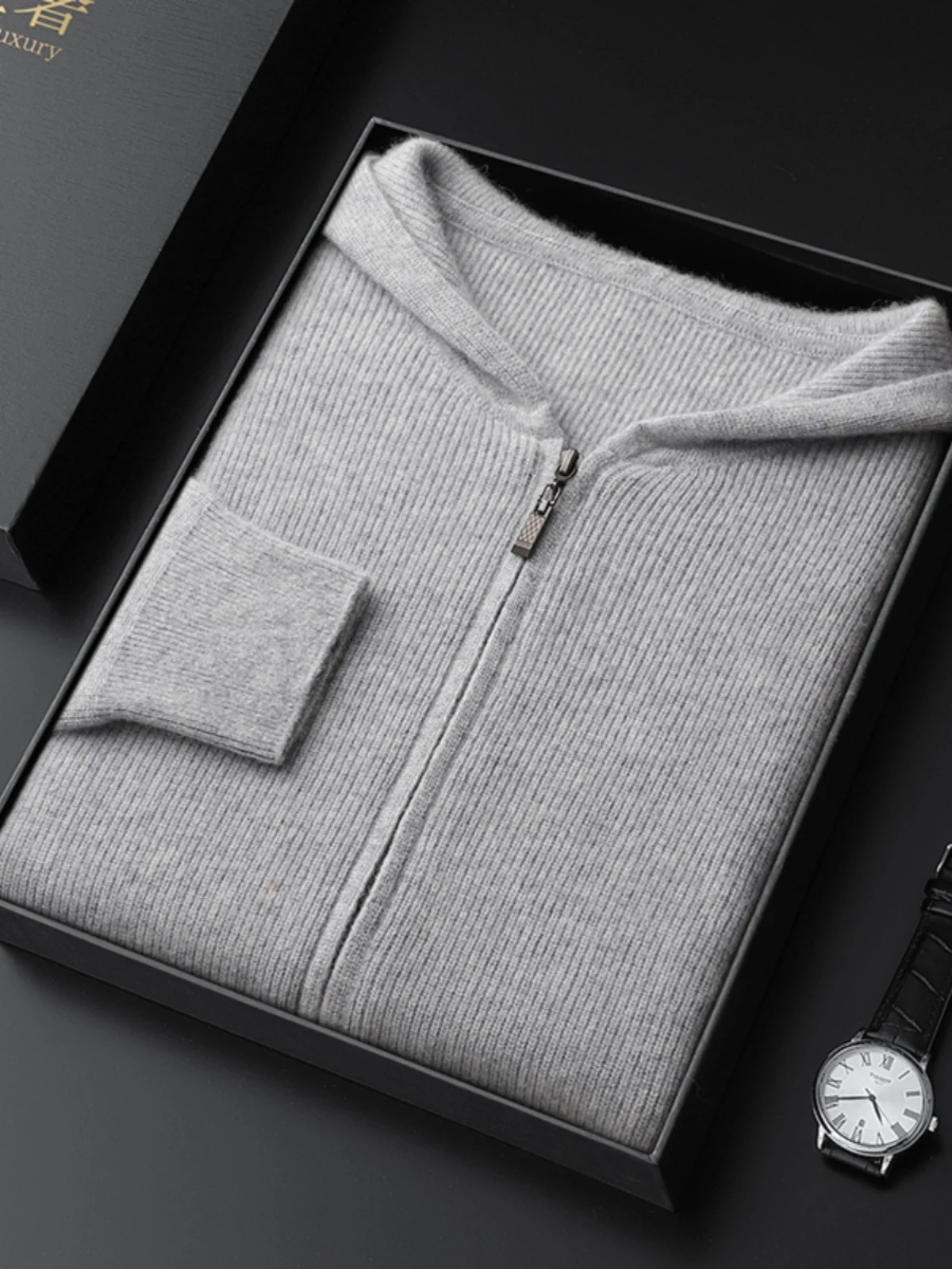 

Autumn and winter men's solid color cashmere zipper cardigan hooded solid color sweater thickened winter knitted jacket