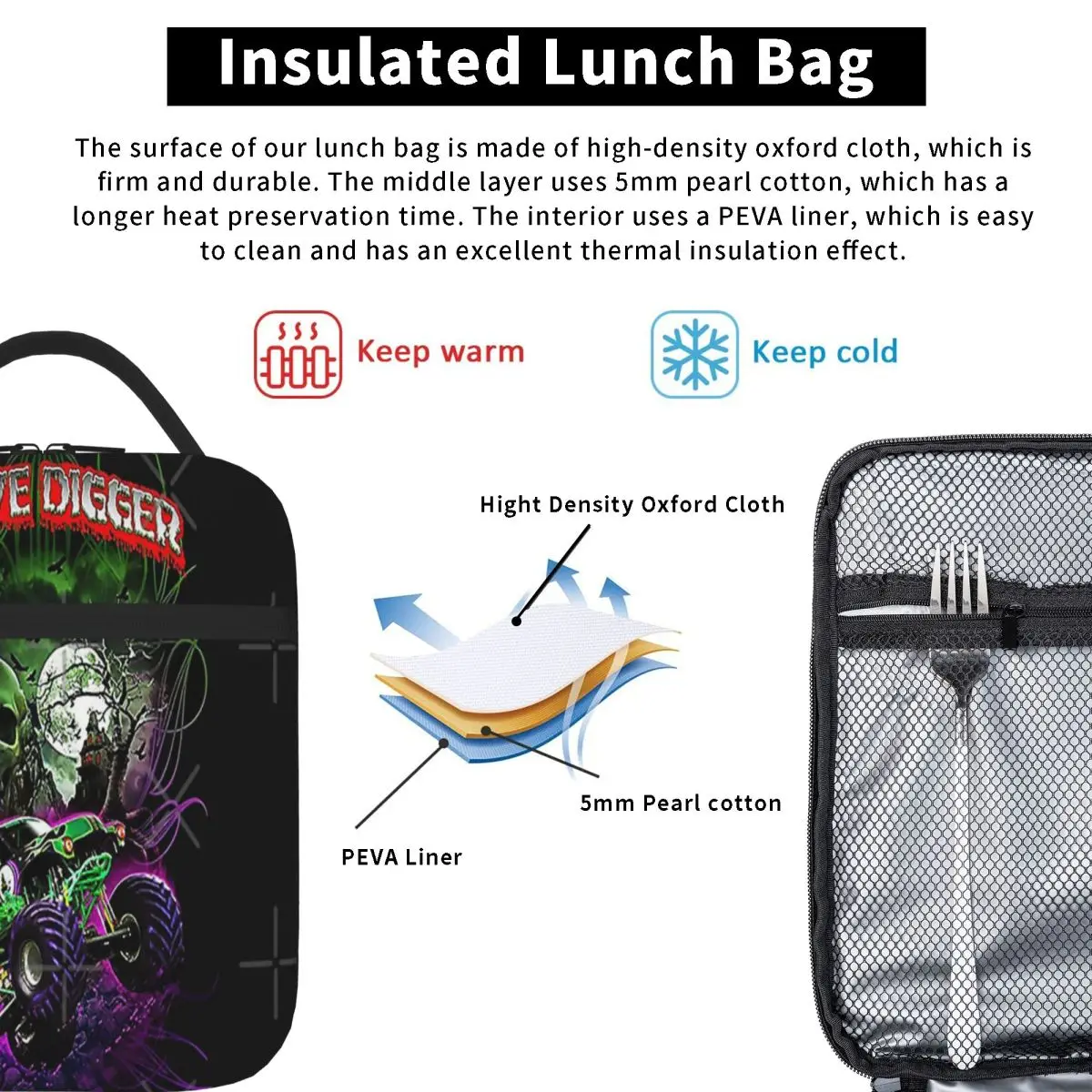 Grave Digger Monster Jam Monster Truck Lunch Tote Lunch Box imballato Lunch Thermal Cooler Bag