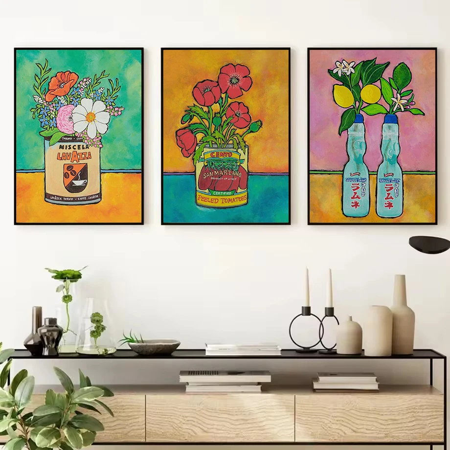 Classic Italian Table Food Poppies Tin Tomatoes Coffee Flower Poster Canvas Painting Wall Art Pictures Home Kitchen Decor