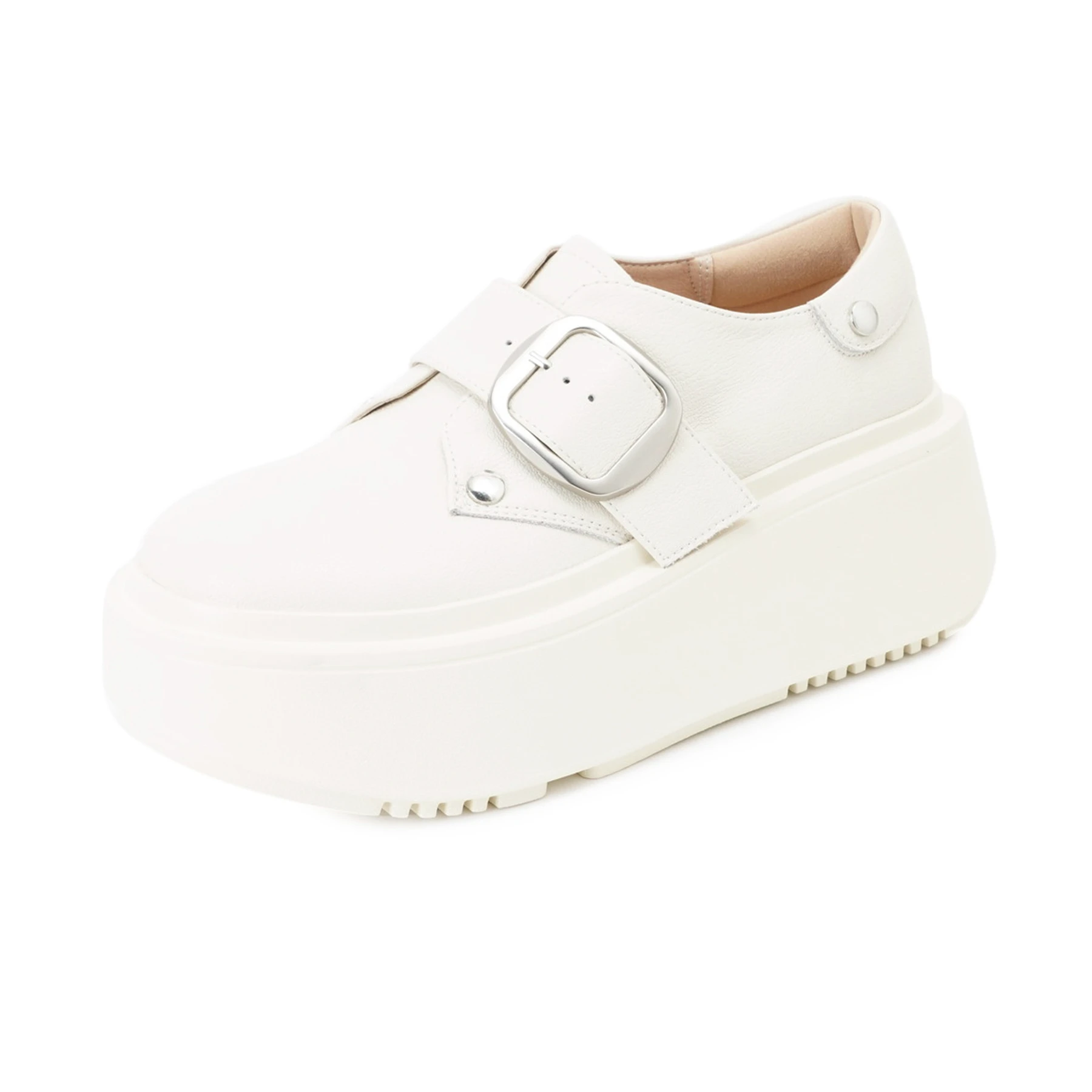 Krazing Pot Cow Leather Elegant Thick Bottom Casual Shoes Spring Autumn Concise White Sneakers Rivets Ins Women Vulcanized Shoes