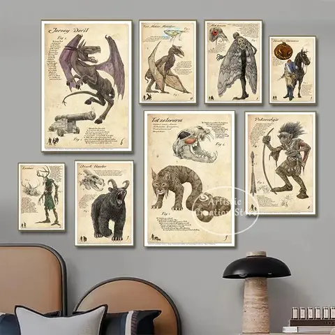 Cryptids โปสเตอร์คติชนวิทยา cthulhu Mothman Krampus JERSEY ผ้าใบพิมพ์ลายธรรมชาติ Wendigo ภาพวาดศิลปะบนผนังตกแต่งบ้านติดกำแพง