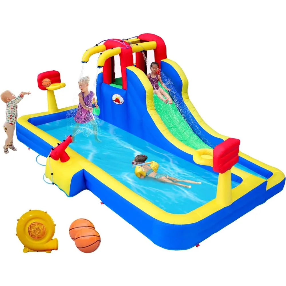 

Inflatable Water Park with Blower, Slide with Water Cannon and Double Basketball Rings