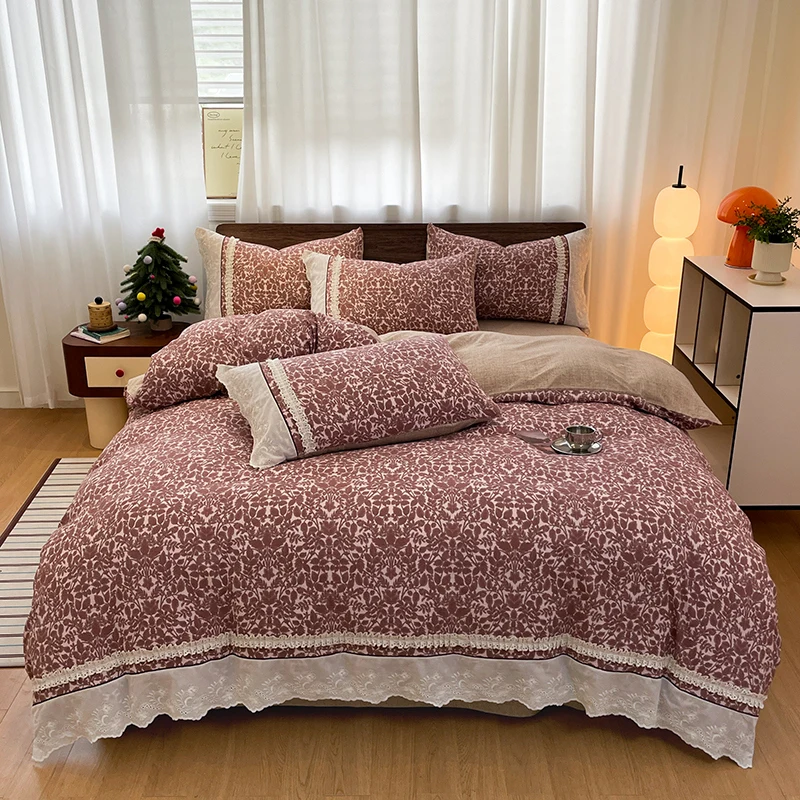 

Lace Wedding Duvet Cover Sets Red Color Retro Style Bedding Set Single/Queen/King Raw Linen Quilt Cover with Pillowcase Bed Sets