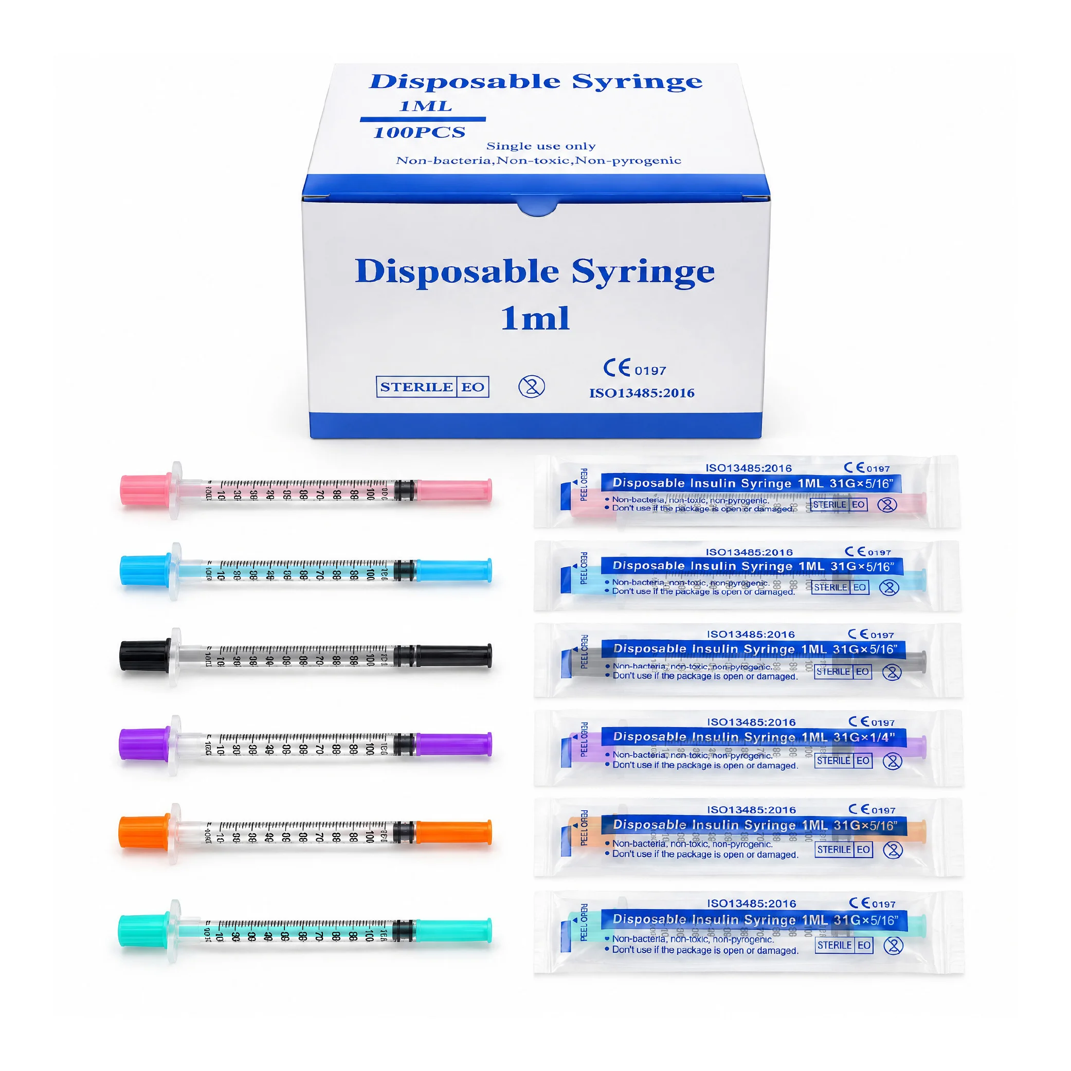 Multi Color Ready Stock 100pcs 1ml U-100 Insulin Syringe Disposable Sterile with 30G 31G Needles for Pets Animal Medicine Box