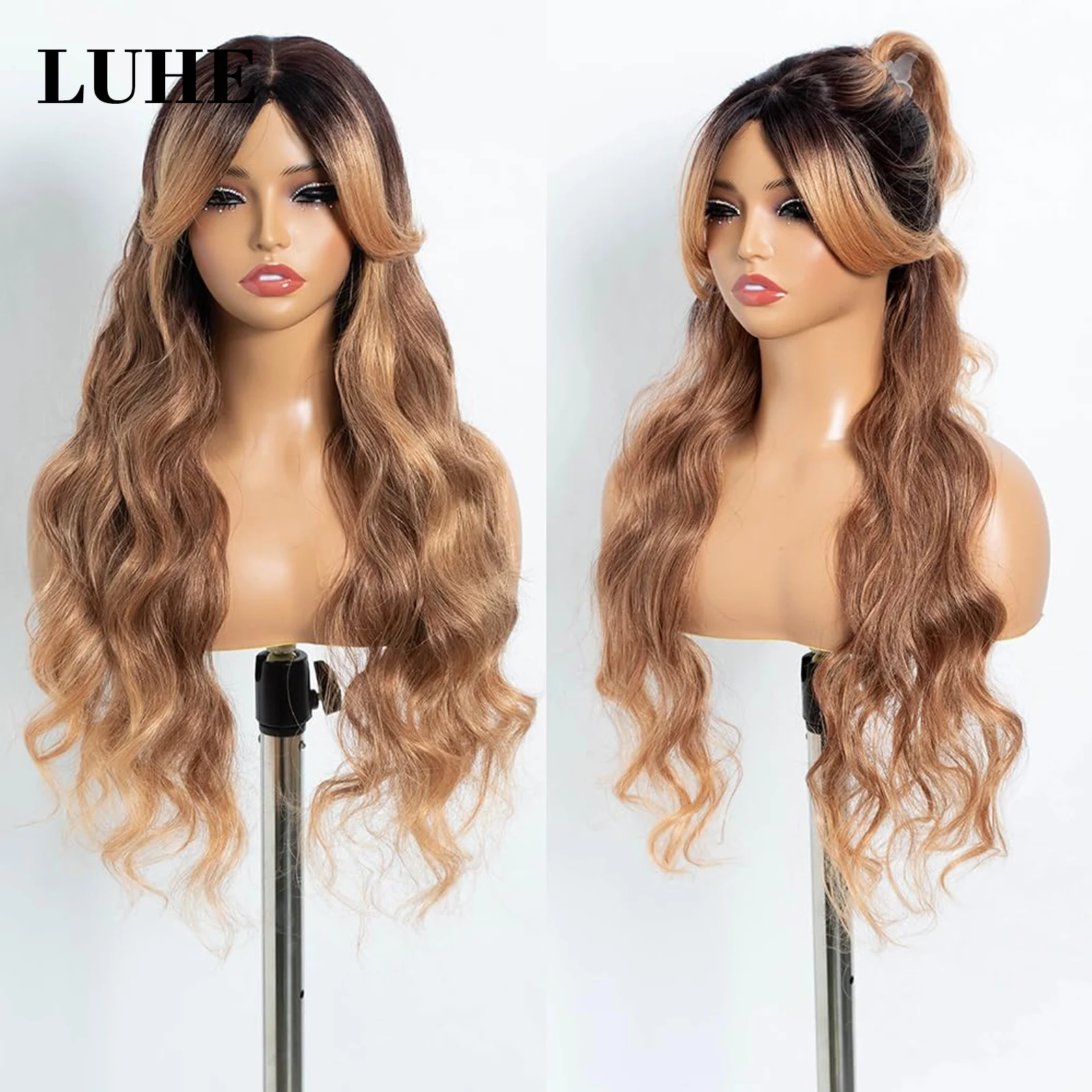 Dark Root Long Wavy Synthetic Hair Lace Front Wigs for Women Ombre Ginger Brown 26 Inch Natural Wave Lace Frontal Wigs Daily Use