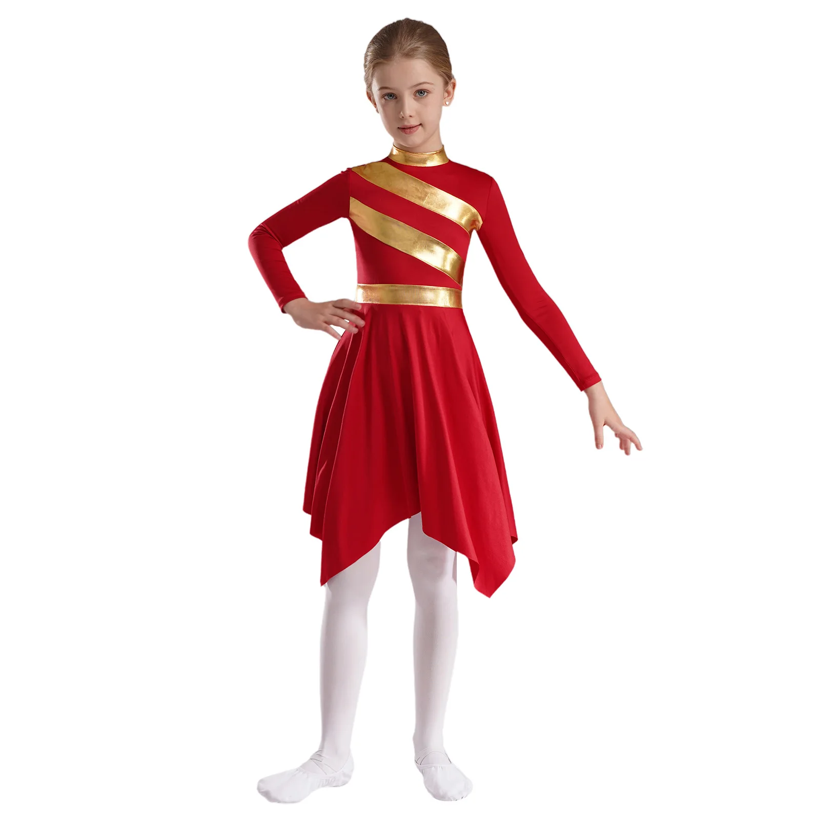 Kids Girls Praise Dance Dresses Choir Liturgical Costume Dress Metallic Patchwork Asymmetrical Hem Lyrical Worship Dancewear