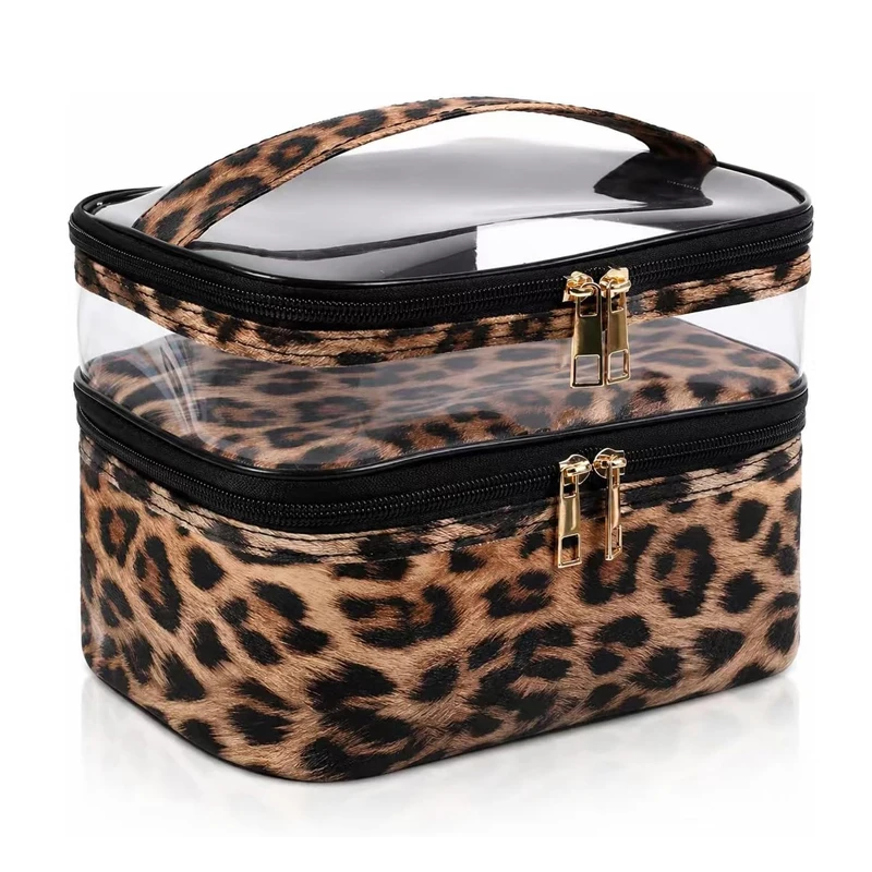 Doppelschichtige Kosmetiktasche, Leopardenmuster, Make-up-Tasche, Reise-Make-up-Tasche, Aufbewahrungs- und Toilettentasche für Damen, Kosmetikkoffer, tragbar, faltbar.