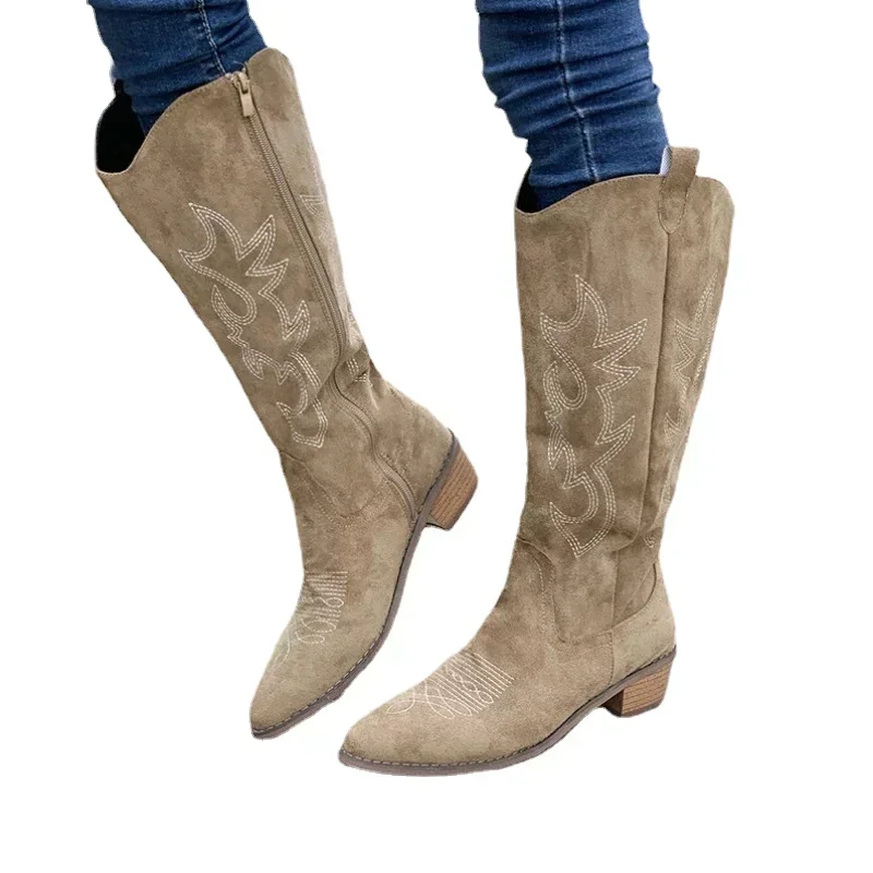 Embroidered Western Cowboy Boots for Women Autumn Pointed Toe Thick Heel High Knee Boots Woman Loose  Leather Long Mujer