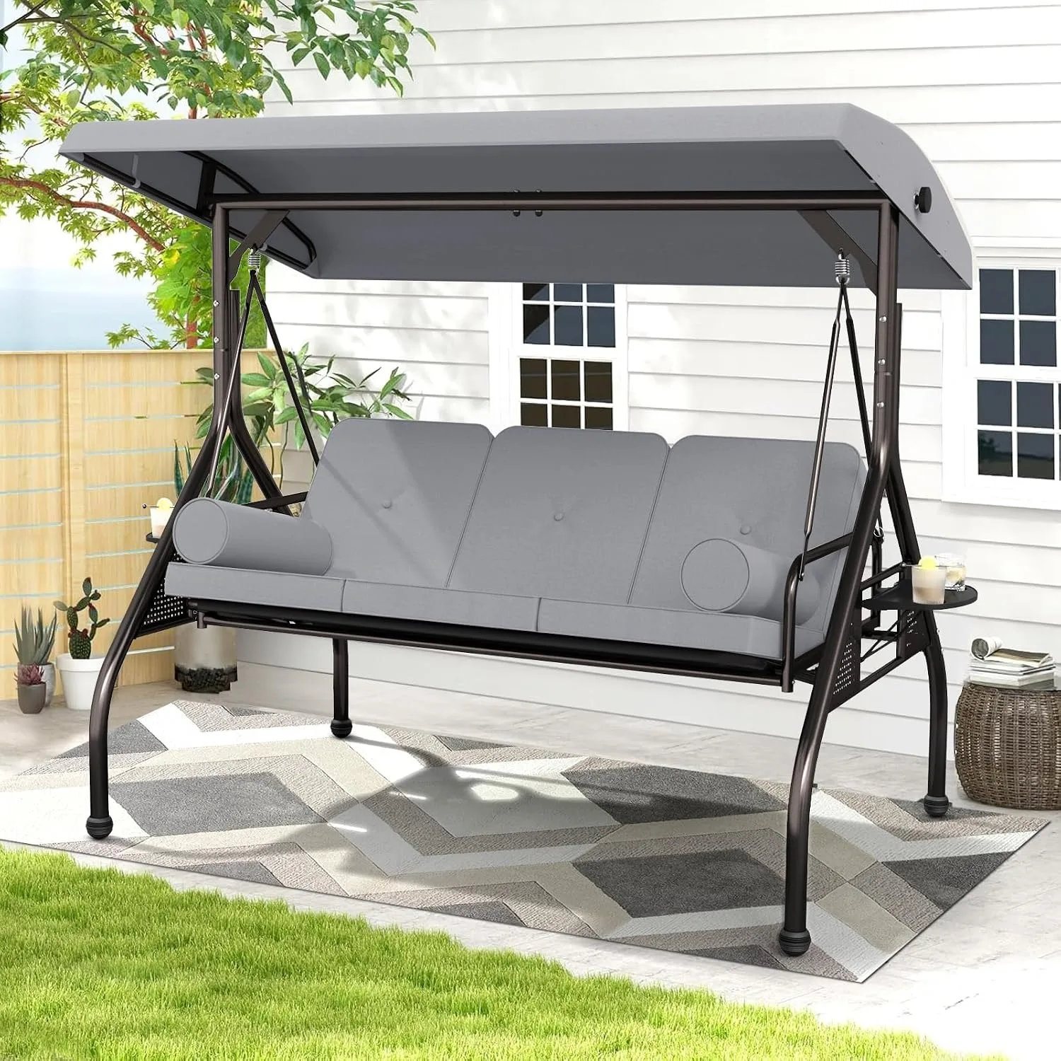3-Seat Patio Swing Chair, Outdoor Porch Swing with Cushions,Pillows & Cup Holders, Adjustable Canopy Outside Bench Swing for Backyard, Garden, Porch (Grey)