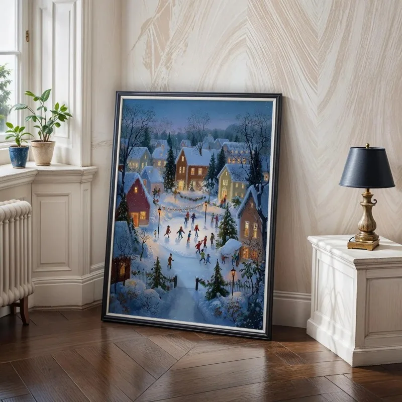 Vintage Winter Christmas Village Canvas Wall Art Snow Town Kids Ice Skating Holiday Scene Home Wall Print Unframed Canvas Poster