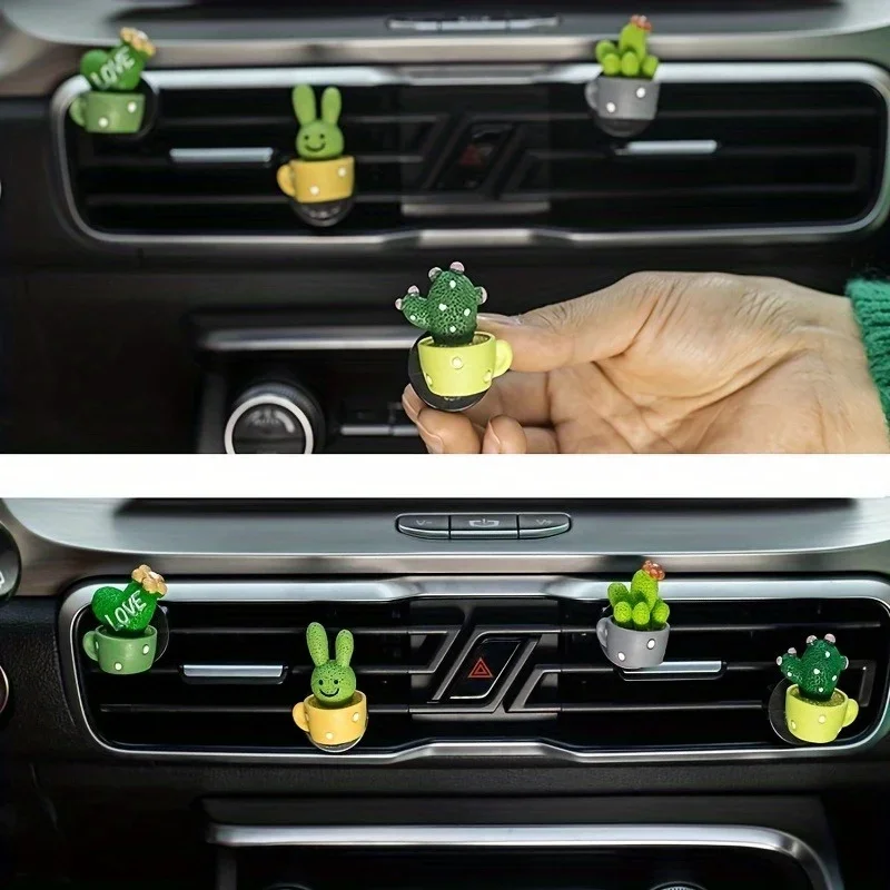 4PCS/Set Animal Cactus Small Potted Plant Car Interior Accessories Resin Decoration Air Conditioner Air Vent Centre Console