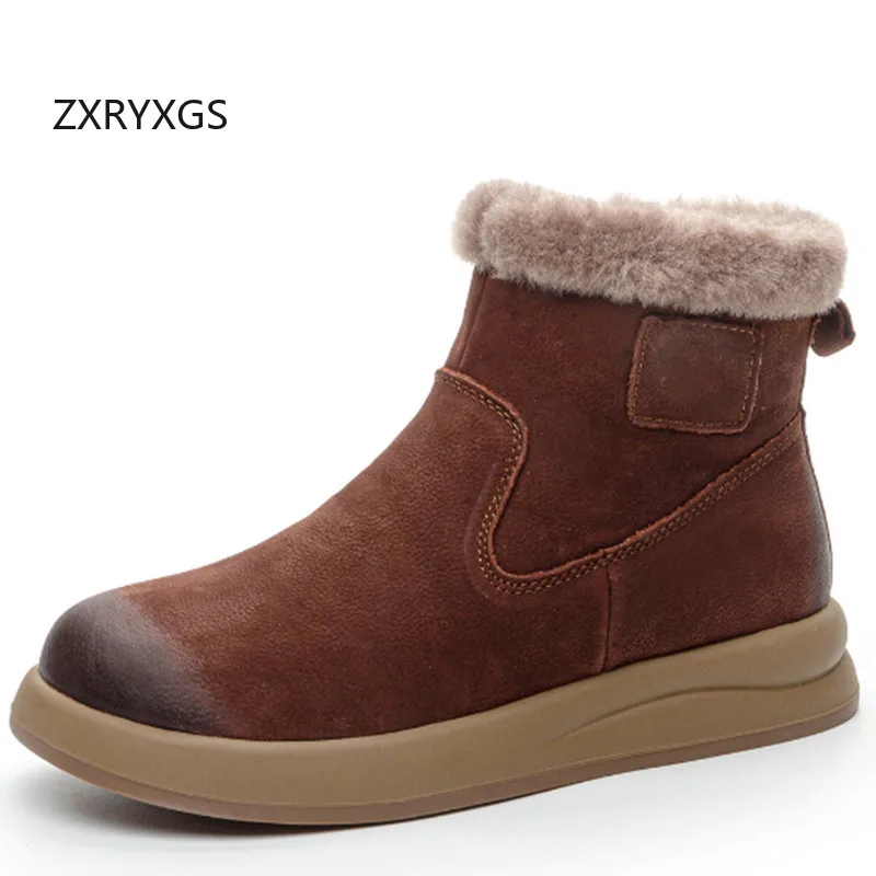 

ZXRYXGS 2024 Classic Retro Top Cowhide Women Genuine Leather Boots Flat Heel Soft Sole Warm Snow Boots Handsome Trend Boots New