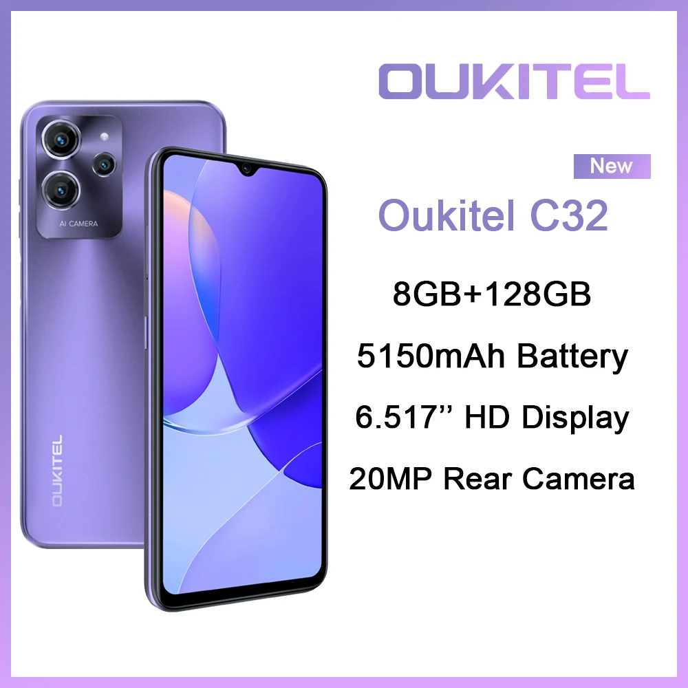 Oukitel c32 4g telefone 8gb 128gb android 12 smartphone 5150mah 6.517 Polegada exibição octa núcleo telefones celulares 20mp câmera celular