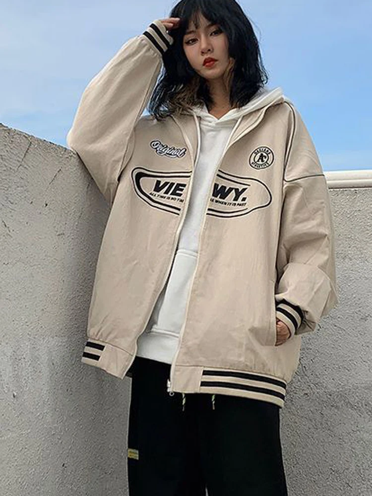 

Oversized Baseball Jackets Women Vintage Bomber Coat Female Preppy Style Letter Print Jacket Lady Harajuku Loose Zipper Overcoat