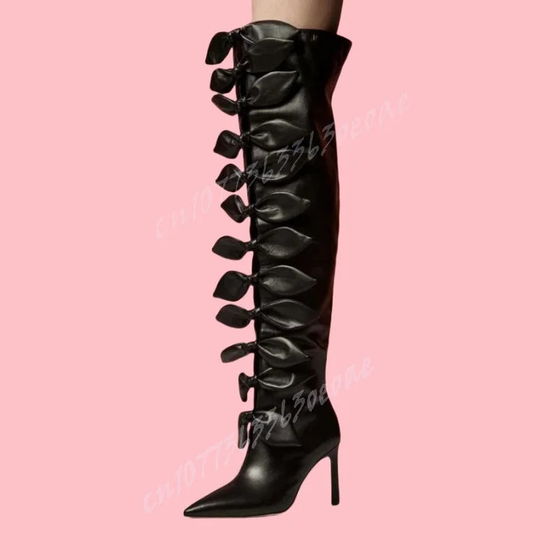 

Black Bow Knot Knee High Boots Matte Leather Pointy Toe Shoes for Women Thin High Heels Sexy Lady Shoes 2024 Zapatos Para Mujere