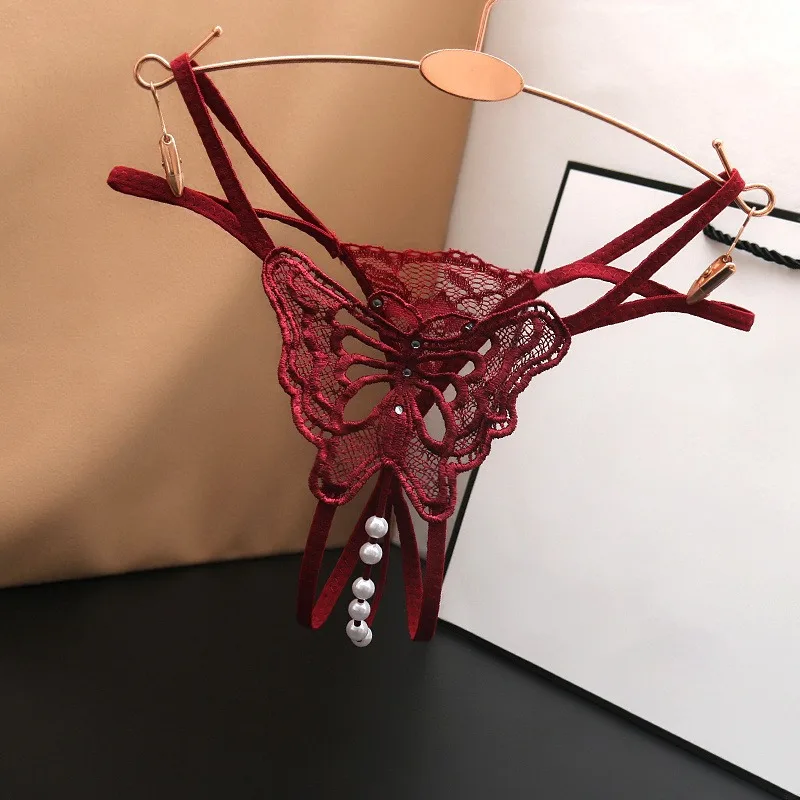 Women Butterfly Embroidery Sexy Panties Erotic Open Lingerie for Women Pearls Beading Porno G-string Thong Underwear Sex Outfit