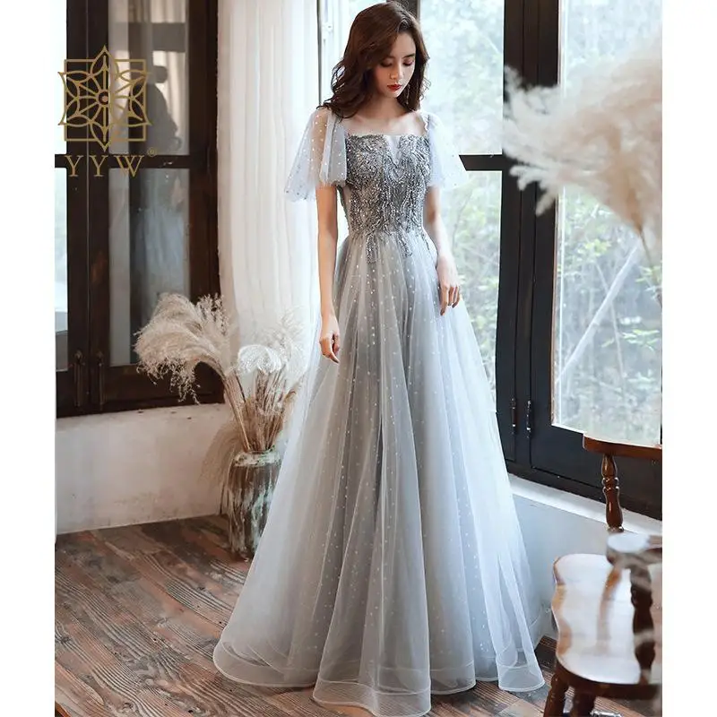 New Gray Long Half Sleeve Lady Girl Women Princess Bridesmaid Banquet Party Ball Prom Dress Flower Embroidery Performance Gown