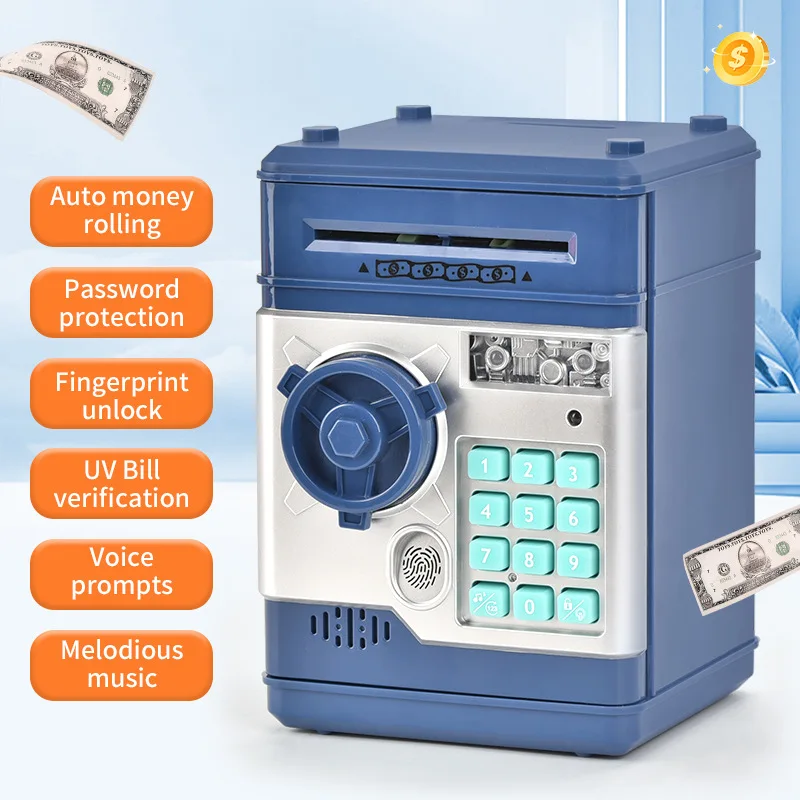 어린이 전기 저장 상자 안전 장난감 지문 암호 듀얼 잠금 해제 ATM 보라색 빛 지폐 감지기 돼지 저금통 아이 선물