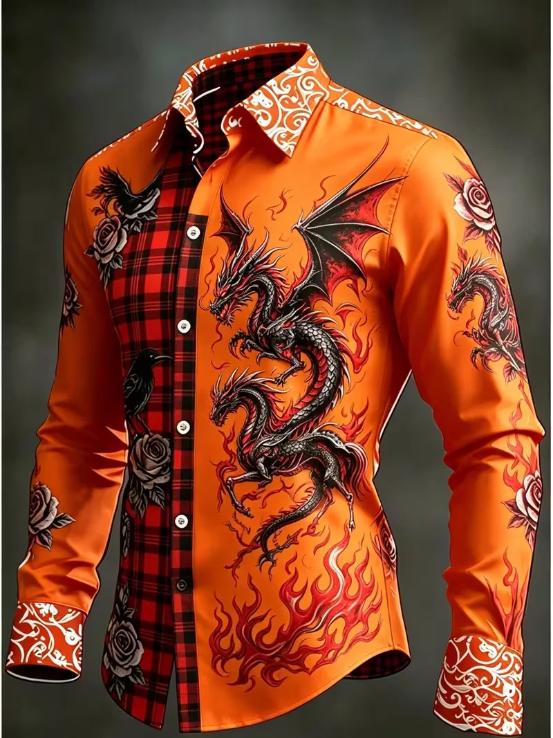 New Gradient Gilded Baroque Whirlpool Grass Printed Long Sleeve Shirt Smooth Satin Collar Men's Top Clothing