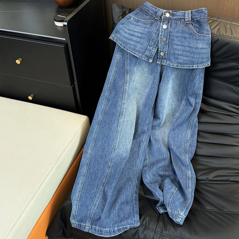BKQU Fake Two-piece Women Jeans Retro High-waisted Button Pocket Spliced Wide Leg Denim Pants American Style Street Jeans 2026