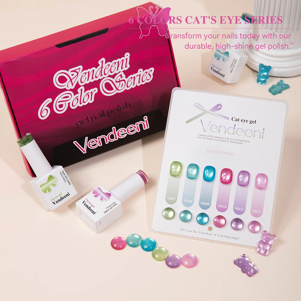 Vendeeni 6 Colors/Set Glass Bead Crystal Cat Eye Gel Nail Polish Magnetic Semi-transparent Jelly UV LED Gel Varnish With Display