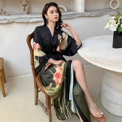 High Quality Satin Pajamas Women Summer Large Size Seven-quarter Sleeves Cool Long Nightgowns Female Ice Silk Bathrobes Ladies
