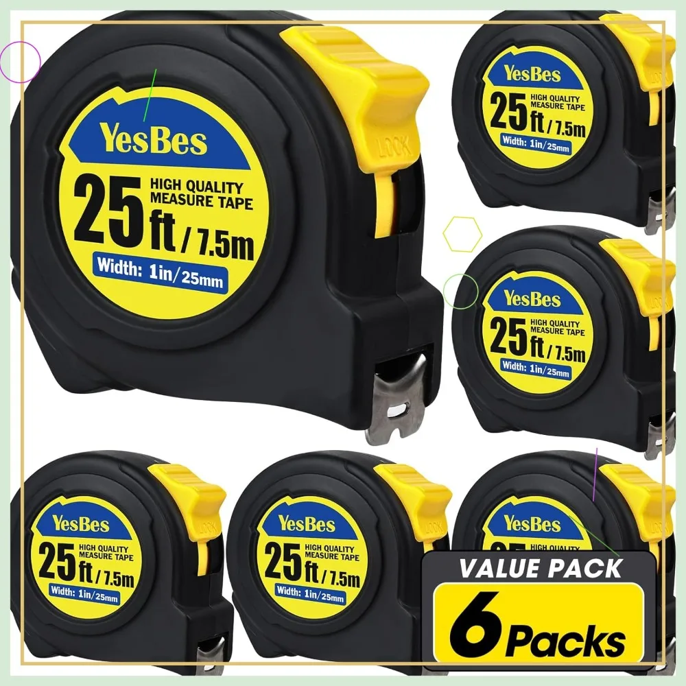 

Рулетка измерительная выдвижная 25 футов, набор из 6 штук, легко читаемые показания, для точных измерений в домашних условиях и профессионального использования