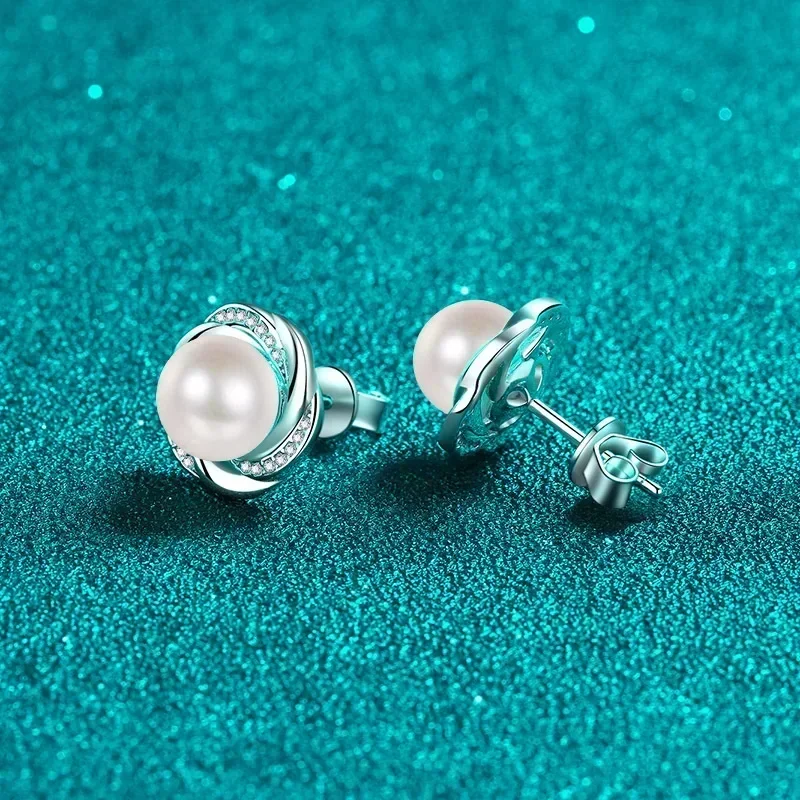 High-end 16.8 Point Moissanite Earring, Inlaid  8mm Freshwater Pearl Plum Blossom Platinum Pt950 Earrings for Ladies Women Gifts